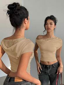 Siren Gaze Áo hở vai vá mùa hè cho nữ, áo phông tay ngắn ren rộng bất đối xứng màu trắng - Màu be - Xem 4