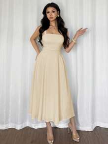 Firerie 女式优雅简约度假海滩黄色褶皱纹理面料细肩带收腰 A 字中长连衣裙，夏季 - 卡其色 - 查看 4