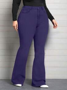 SHEIN Privé Plus Size Solid Color Flared Pants, Fashion & Stretchy Design Suitable For Summer - Purple - View 4