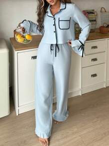 Lowkey Lull Women's Pajama Set With Trimmed Single Breasted Long Sleeve Top And Pants, Fall Winter Clothes - Blue - View 4