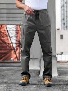Manfinity Homme Men's Solid Color Drawstring Waist Casual Stylish Cargo Pants, Suitable For Spring And Summer - Grey - View 5