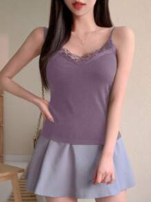 DAZY Women's Casual Solid Color Lace Trim Cami Strap Top, Summer