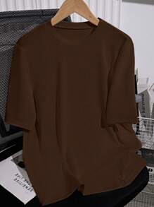 SHEIN PETITE Áo thun nữ cổ tròn tay ngắn màu trơn, mùa hè - màu nâu - Xem 3