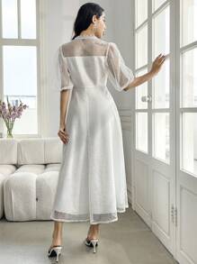 Modelyn 优雅纯色系带灯笼袖网布夏装 - 白色 - 查看 2
