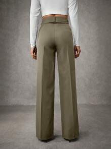 EURMUSE Women's Solid Pleated Seam Detailed Suit Pants - Army Green - View 2