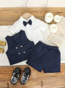 Souflis Souflis 男婴夏季绅士装套装 - 蝴蝶结短袖衬衫 + 双排扣背心 + 休闲短裤，3 件套，时尚优雅，适合生日派对、宴会、婚礼、戒指持有人、花童 - 彩色 - 查看 4