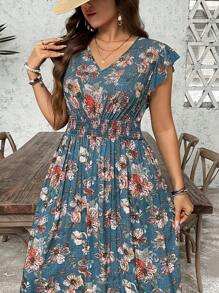 SHEIN LUNE Plus Size Paisley Print Long Vacation Casual Dress Boho Summer Boho Old Money Summer Outfits For Women Spring Break Rave Outfits Festival Spring Break Outfits Mother's Day Church Outfits Women,Flowy Dress,Sun Dresses For Women - Teal Blue - View 7