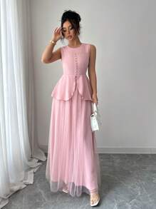 Elenzga Damski festiwalowy top bez rękawów i spódnica z siateczki 2-częściowy zestaw, różowy materiał teksturowany, okrągły dekolt, ściągacz w talii, elegancki strój na lato - Różowy - Zobacz 4