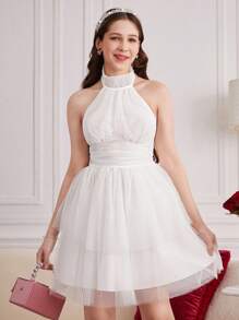 Elegant White Halter Neck Mesh Overlay Dress For Teens