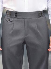 Manfinity Bizformal Men's Business-Casual White Suit Pants Featuring A Waistband Ribbon Design, Perfect As A Gift For Your Boyfriend Or Husband. Men's Casual Solid Color Tapered Suit Pants , White Pants For Men , Men White Slim Dress Pants , , Unique Suit For Men , White Suit Men - Grey - View 2