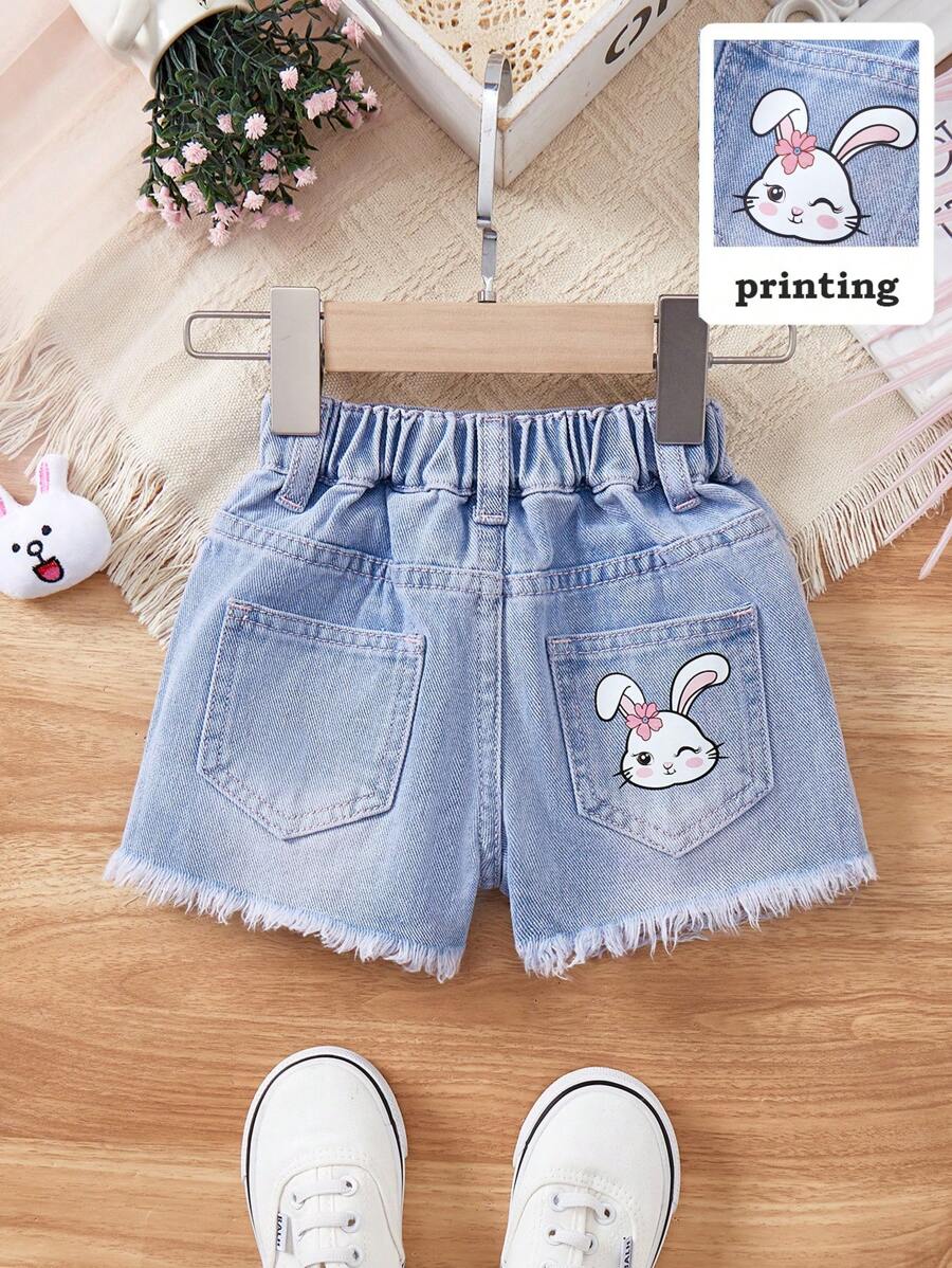 SHEIN Baby Girls Light Wash Denim Shorts With Cute Bunny Embroidery And Raw Hem Detail - Light Wash - View 1