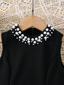 SHEIN Leap Crew Young Girl Class Blak & White Color Block Neck Pearls Decor Elegant Bowknot Decor Sleeveless Midi A-Line Dress, Cake Dress, Flower Girl, Cute & Elegant & Sweet & Vintage & Fashionable. Mom And Daughter & Sisters Matching, Family Vacation, Daily Wear, Home Family Gatherings And Special Occasions, Sibling Outfits, Gorgeous Princess, Party Wear, For Birthdays, Spring/Summer. - Black and White - View 9