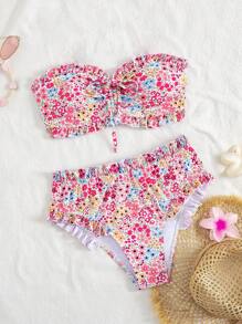 Swim Mod 2pcs Summer Vacation Sexy Ditsy Floral Cutout Halter Bikini Set - Multicolor - View 1