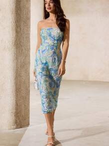 GENKIRA New Summer Elegant Sleeveless Dress, Overlay Floral Embroidery Bodycon Slim Waist Fitted Tea Length Dress For Women All Over Print For Spring Fall - Multicolor - View 4