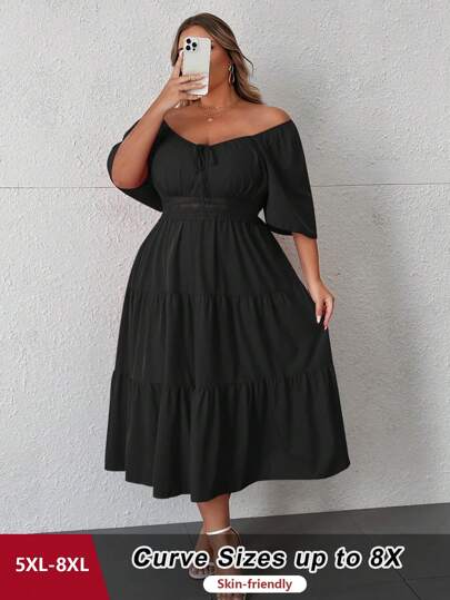 SHEIN CURVE+ Extra Plus Size Sweetheart Neck Rufsig ärmklänning för nyårskläder Maxi Damoutfit