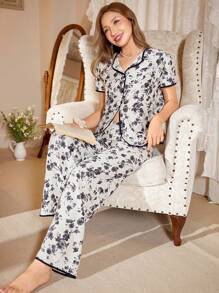 CottageSlumber Floral Print Notch Collar Short Sleeve Top And Pants Women Pajama Set Holiday Season, Bountiful Floral Splendor - Black - View 3