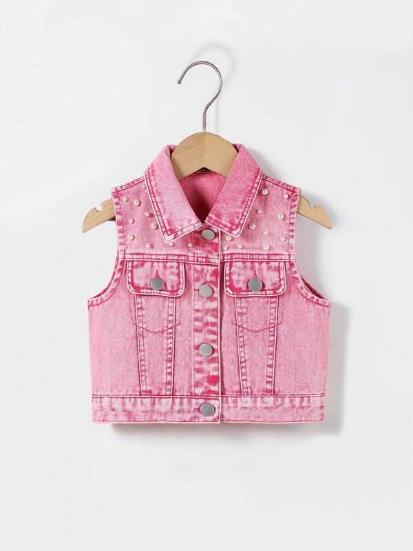 Kleine Mädchen Rose Rot gefriergetrocknet Schneeflocke ärmelloses perlenverziertes Denim Weste