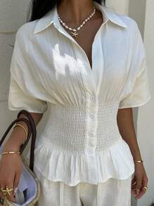 Muchica Camisa informal de mujer de manga de murciélago blanca con cintura fruncida, verano