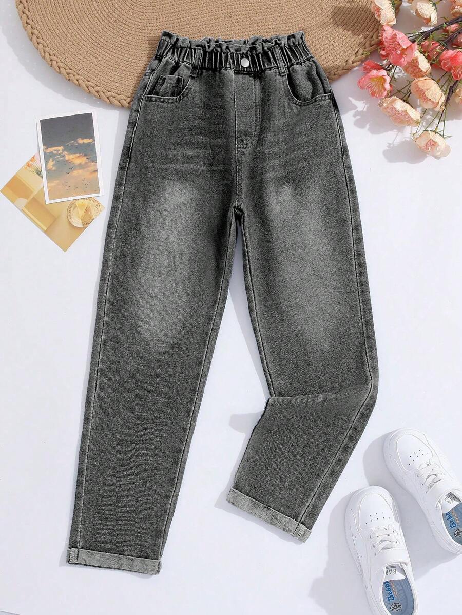 Tween Girls Loose Fit Blue Floral Waist Tapered Leg Jeans - Light Grey - View 1