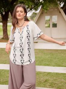 LanaWest Conjunto de top y pantalones de talla grande con cuello redondo y estampado de plantas - Multicolor - Ver 4