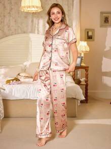 CottageSlumber Set de 2 piezas de pijama con estampado de cerezas y cuello con lazo, ideal para la temporada festiva - Albaricoque - Ver 3