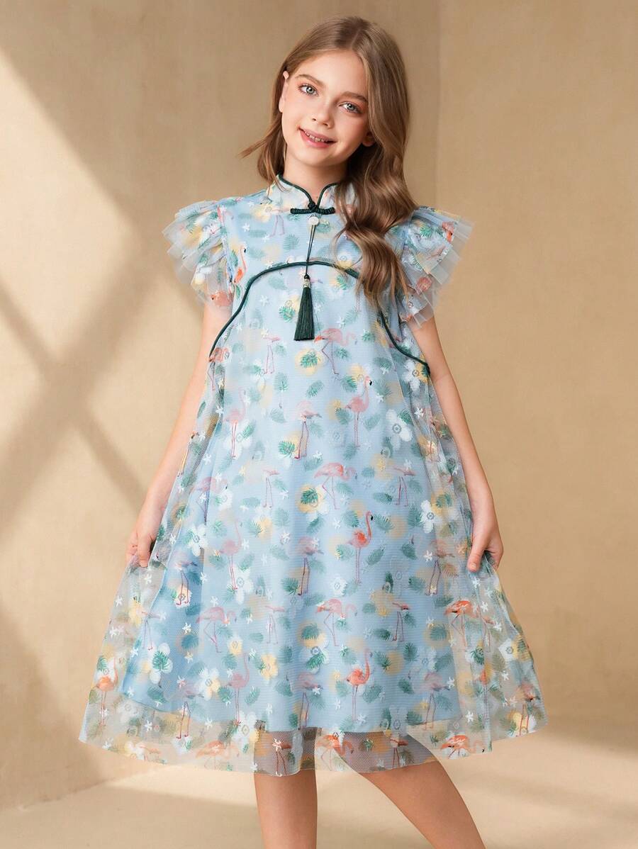 SHEIN Vestido de línea A elegante y lindo tipo cheongsam modificado para niñas preadolescentes - Multicolor - Ver 1