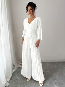 Rafferiza Women's Solid Color Crossed V-Neck 3/4 Sleeve Ruffle Wide Leg Elegant Jumpsuit