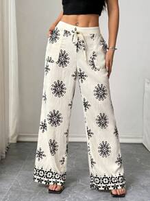 Chiquease Women's Flower Print Belted Loose Wide Leg Casual Pants Fall Cloth For Women