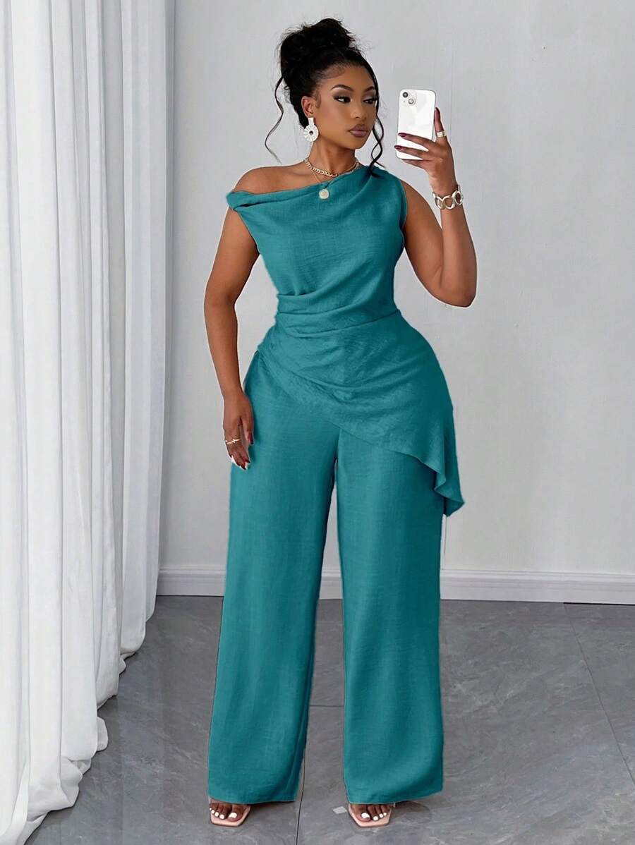 Maweii 2pcs Women Casual Asymmetrical Collar Solid Color Top And Pants Set - Teal Blue - View 1