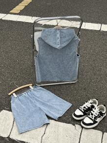 SHEIN 2Pcs Tween Boy Fashion Casual Patch Details Blue Knitted Denim Loose Sleeveless Denim Hoodies And Comfortable And Breathable Denim Shorts For Kids Clothes Boys Soft Dailywear And Kids Summer And Spring Rave Outfits Festival And Beach Outfits Clothes - Blue - View 2