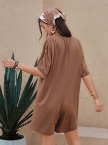 Wildy Summer American Western Country Style Casual Jumpsuit With Pockets, Brown Short Sleeve Casual Brown  Vacation Outfits - Brown - View 5