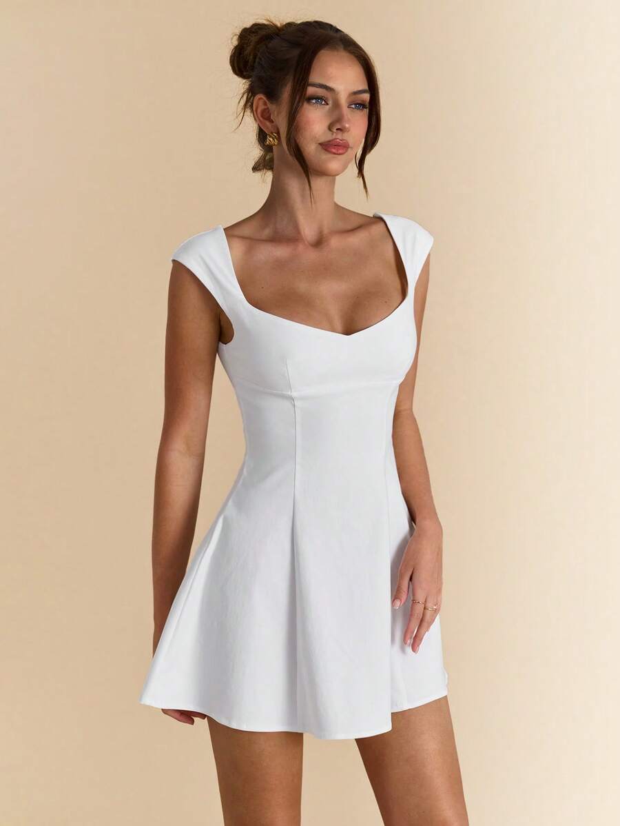 SHEIN BAE 女士白色方领露背泡泡袖连衣裙，优雅夏装，约会晚礼服，伴娘迷你连衣裙，优雅小黑裙，春夏 - 白色 - 查看 1