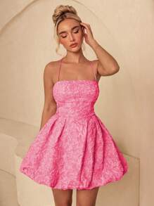 Glamine Sensual Design Backless Spaghetti Strap Peplum Waist Mini Dress For Women - Hot Pink - View 4