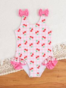 SHEIN 1 件女童荷叶边印花泳衣/泳装