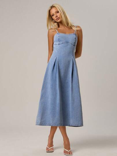 SHEIN Forever 21 Summer New Strapless Fitted A-Line Light Wash Denim Maxi Dress For Ladies
