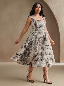 Anewsta Vestido de verano casual para mujer talla grande, con estilo vintage de vacaciones y festivales, de playa, con estampado de leopardo de tinta y parches, talle ceñido y escote cuadrado sin mangas - Multicolor - Ver 6