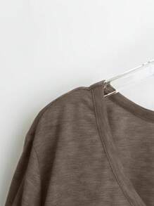 Plus Size Women V-Neck Short Sleeve Solid Color T-Shirt, Summer - Coffee Brown - View 4