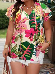 SHEIN Clasi Plus Size Random Print Tie Neck Summer Casual Vacation Shirt