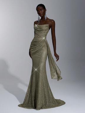 Elitara Elegantes olivgrünes, schwer verziertes, glänzendes Pailletten-Trägerkleid mit Strasssteinblumendekoration an der Seite, seitlich drapierte Panels, geeignet für Partys, Hochzeiten, Galas, Abschluss, Abschlussball, formelle Anlässe, Abendkleid, Brautjungfernkleid