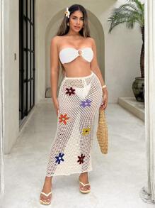 SHEIN SXY Floral Pattern With Drawstring Waist See-Through Sweater Skirt - Beige - View 6