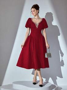 Poshira High-End Vintage Simple French Design Party Dress, Prom Dress - Burgundy - View 3