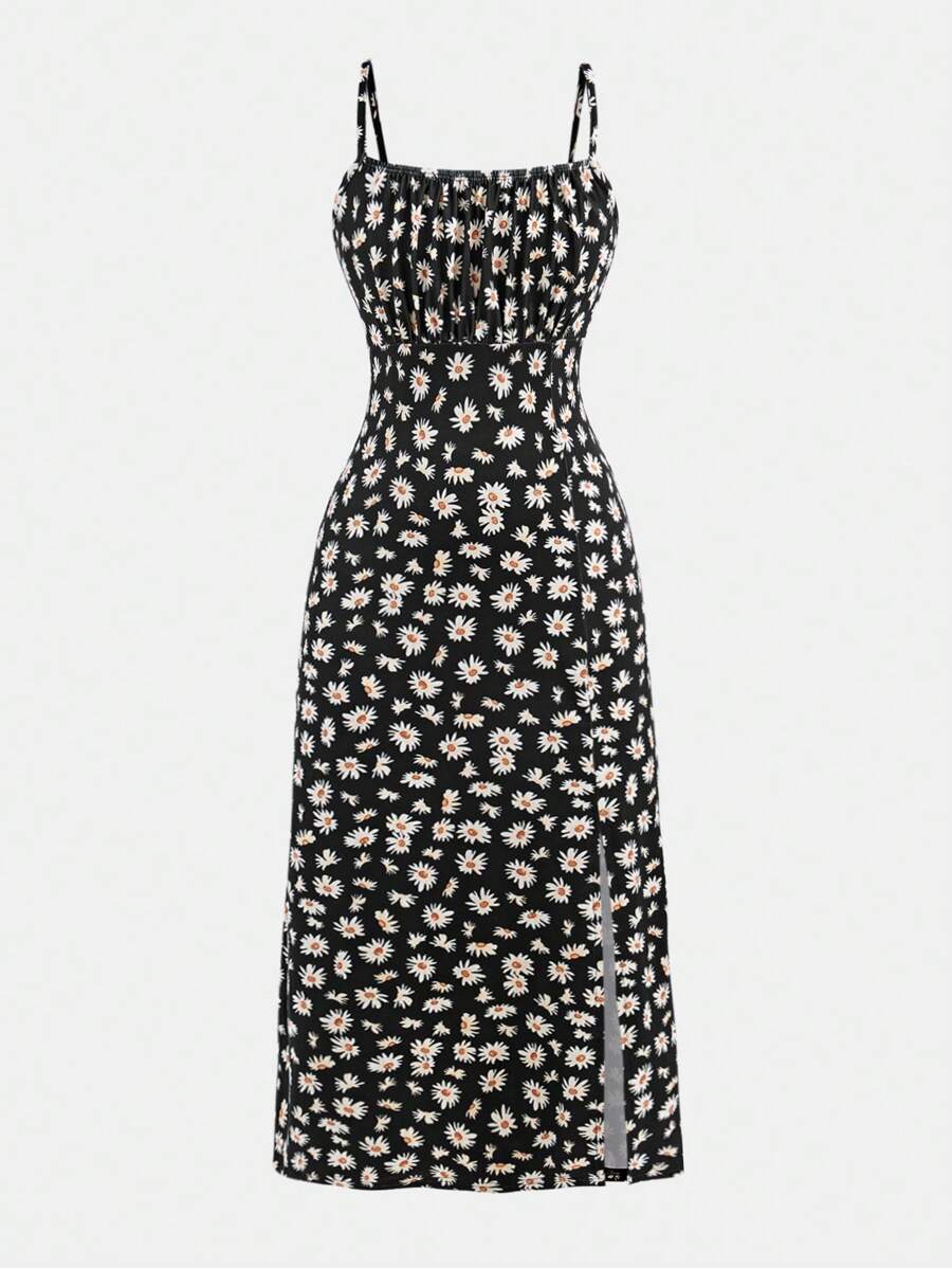 青少年女孩碎花休闲细肩带针织连衣裙 - 黑色 - 查看 1