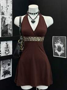 EgrlEra 女士性感V领修腰优雅连衣裙 - 巧克力棕 - 查看 3