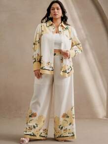 Anewsta Conjunto de 2 piezas de camisa y pantalones con estampado floral tejido para mujeres, elegante para primavera/verano y vacaciones románticas