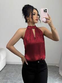 Selianne 女士优雅露背无袖光泽衬衫，适合春夏季度假 - 紅色 - 查看 4