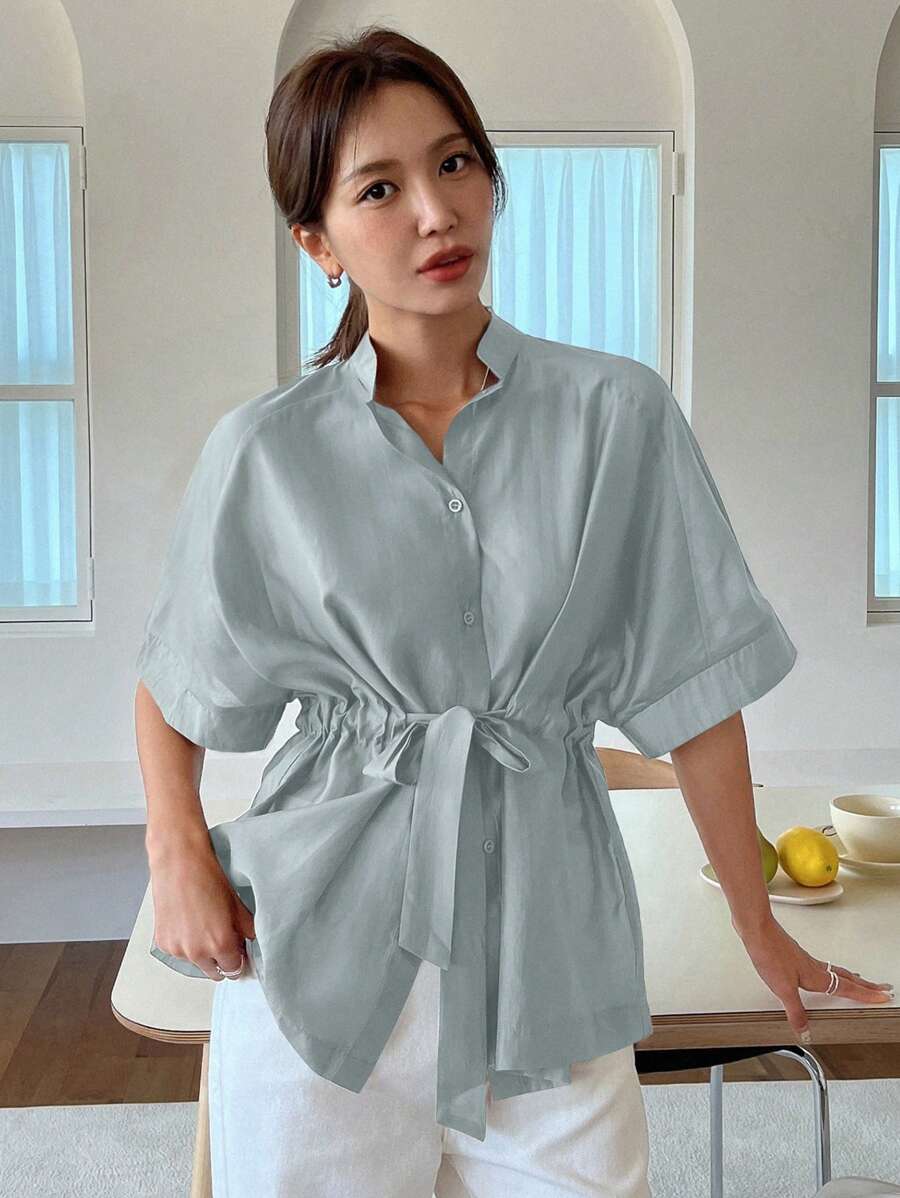 Dazy-Less 女士夏季优雅休闲收腰雪纺短袖衬衫，商务休闲女装，教师学院风上衣 - 霧霾藍 - 查看 1