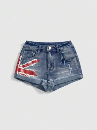 Grunge Punk Pantaloncini di jeans a vita ultra bassa con stampa Union Jack in stile vintage Y2K, per il festival del Giorno dell'Indipendenza