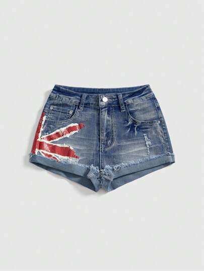 Grunge Punk Shorts vaqueros de talle ultra bajo con estampado de la bandera del Reino Unido en estilo vintage Y2K para el Día de la Independencia