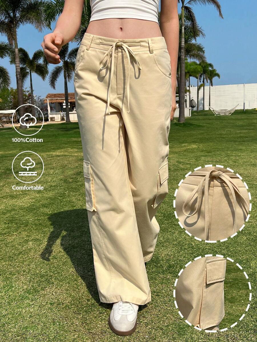 SHEIN EZwear Pantalones casuales de primavera y verano con múltiples bolsillos y cordones para mujer, pantalones rectos de caqui estilo casual retro, cómodos y versátiles de corte holgado
