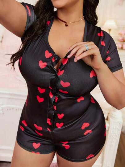 SHEIN Slumberry CURVE Pijama mono de talla grande con estampado de donut, café y fresa de manga corta